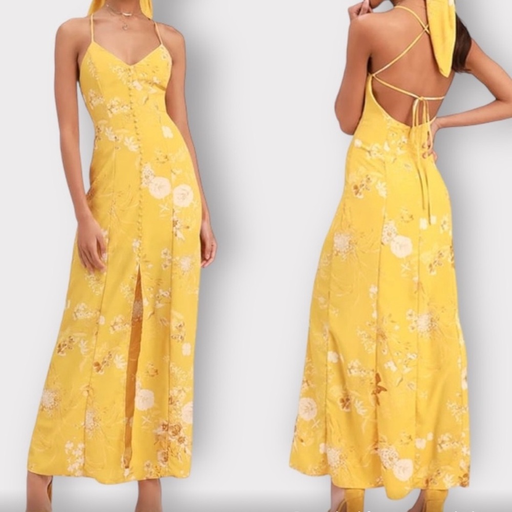 NWT Lulu’s Crista Yellow Print Button-Front Maxi Dress